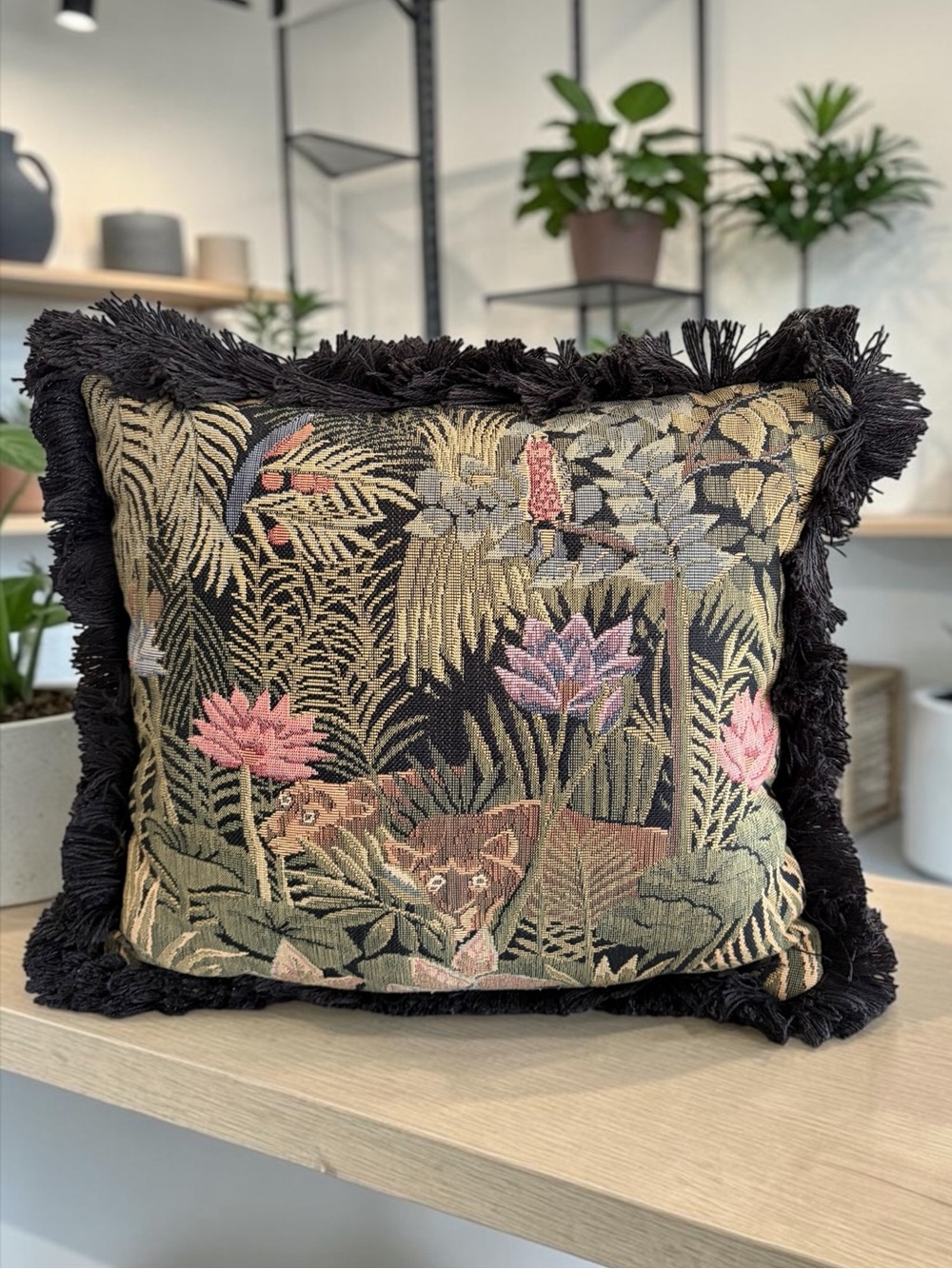 Vintage Black Floral and Animal Tapestry Accent Pillow